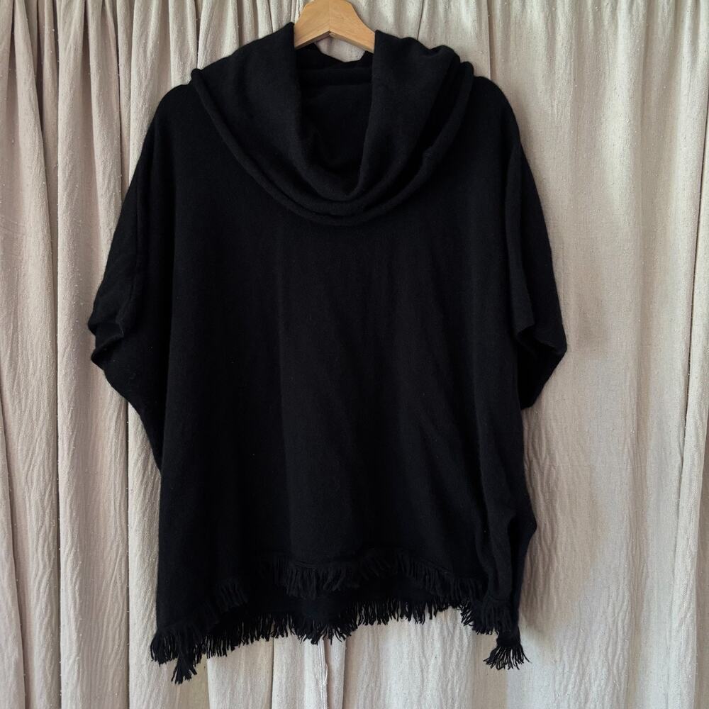 Neiman Marcus Cashmere Collection Poncho Sweater L/XL Black‎ Cowl Fringe Hem